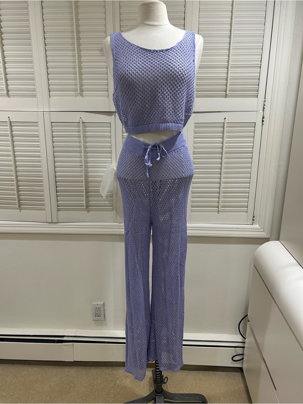 New Lavender Crochet Knit Tank & Wide-Leg Pants Set